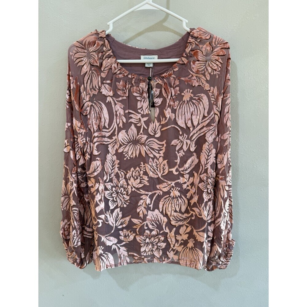 Sundance Silk Rayon Velvet Peasant Boho Blouse Pink Floral Smocked Extra small